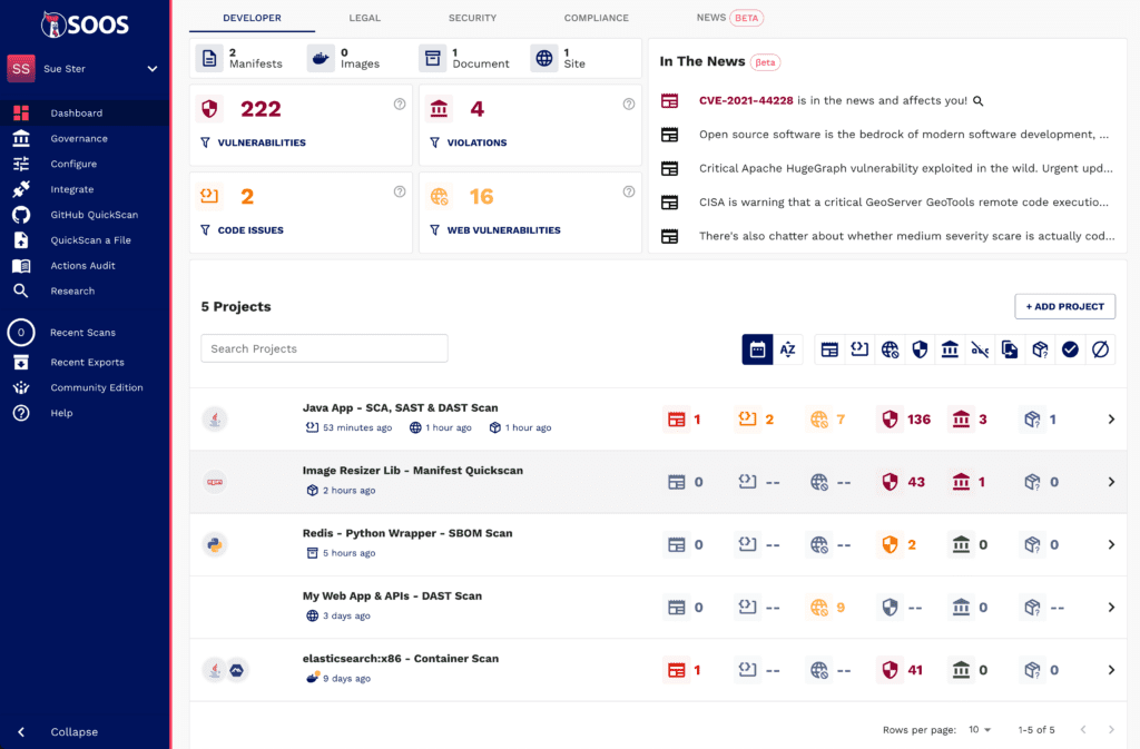 A web dashboard showing statistics like vulnerabilities and policy violations for a number of software projects.