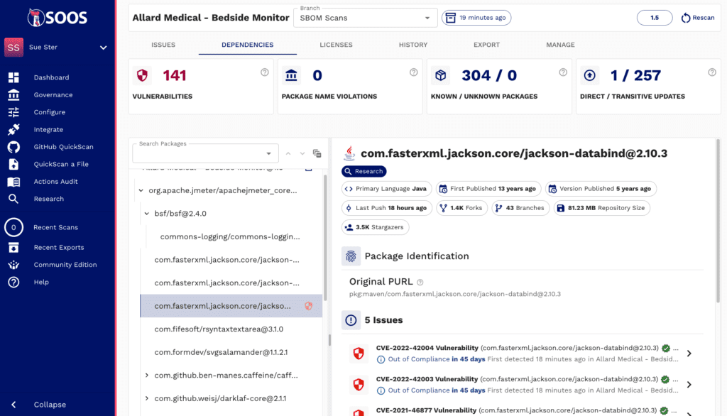 Dashboard showing statistics and a full dependency tree for the SBOM of a bedside monitor.