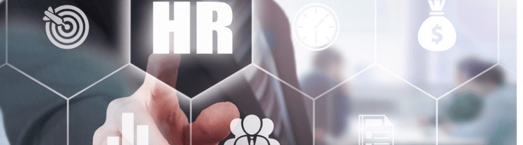 Hand pointing to a futuristic clear screen with HR icons