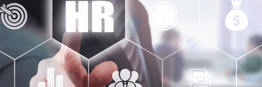 Hand pointing to a futuristic clear screen with HR icons