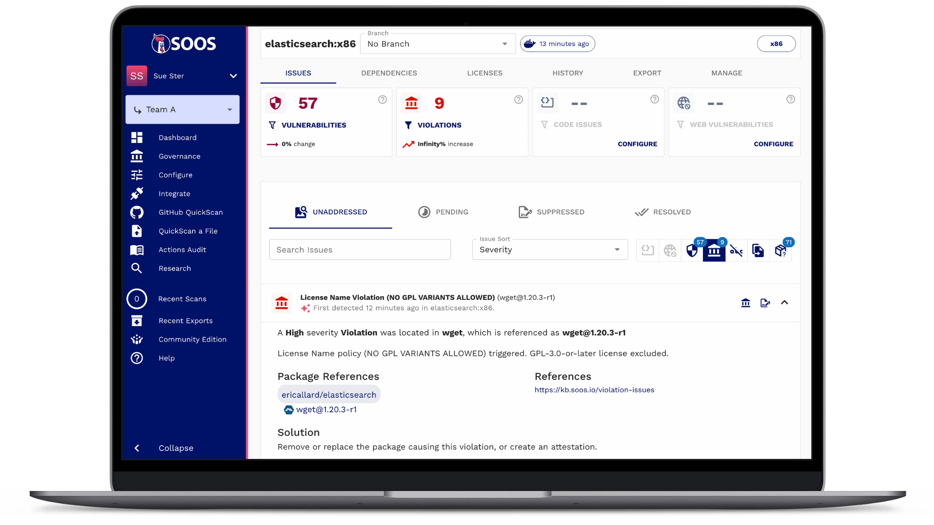A laptop with the SOOS dashboard on screen showing a GPL license violation issue.