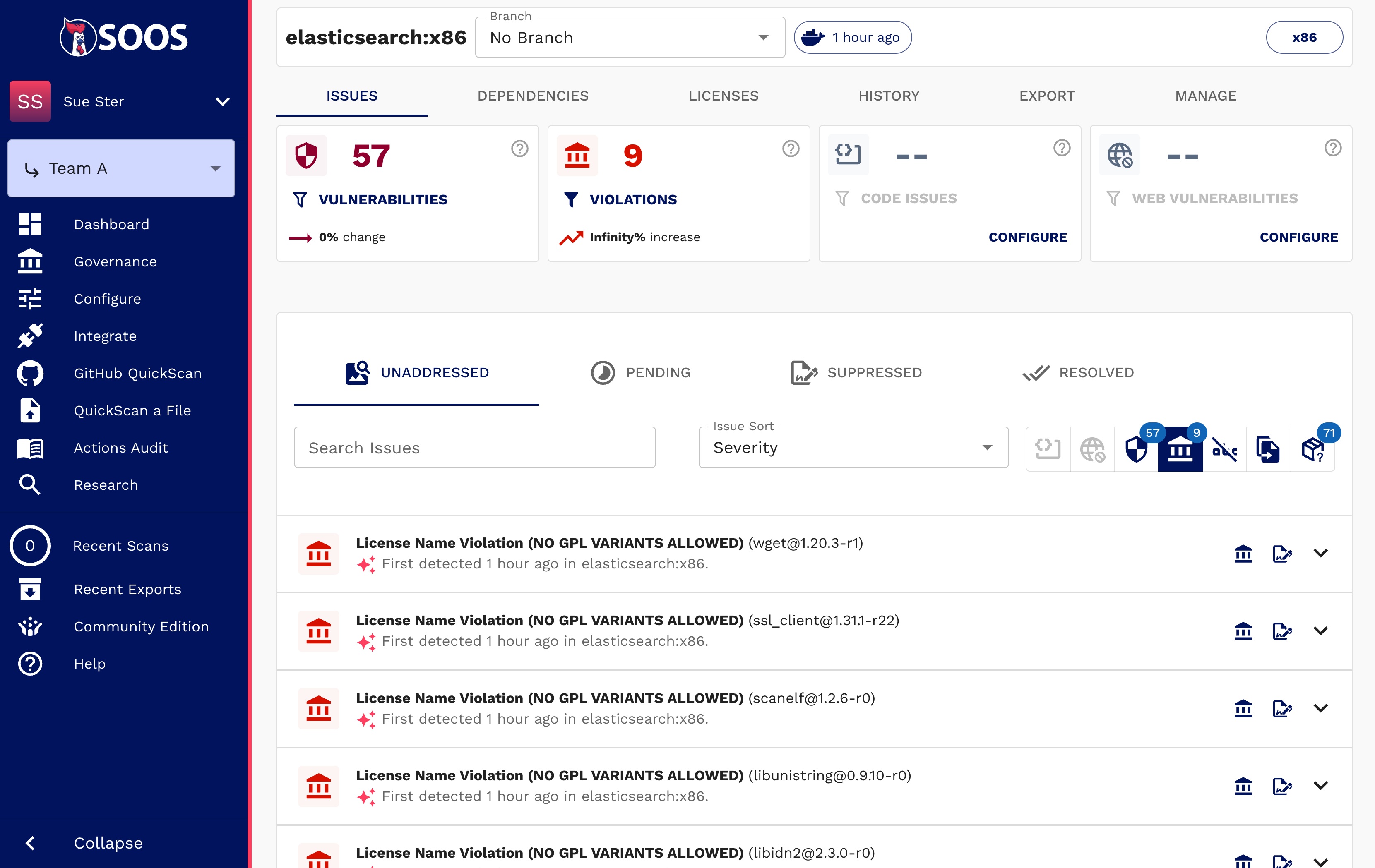 A view of a container scan with many GPL license policy violations waiting to be fixed with SOOS.