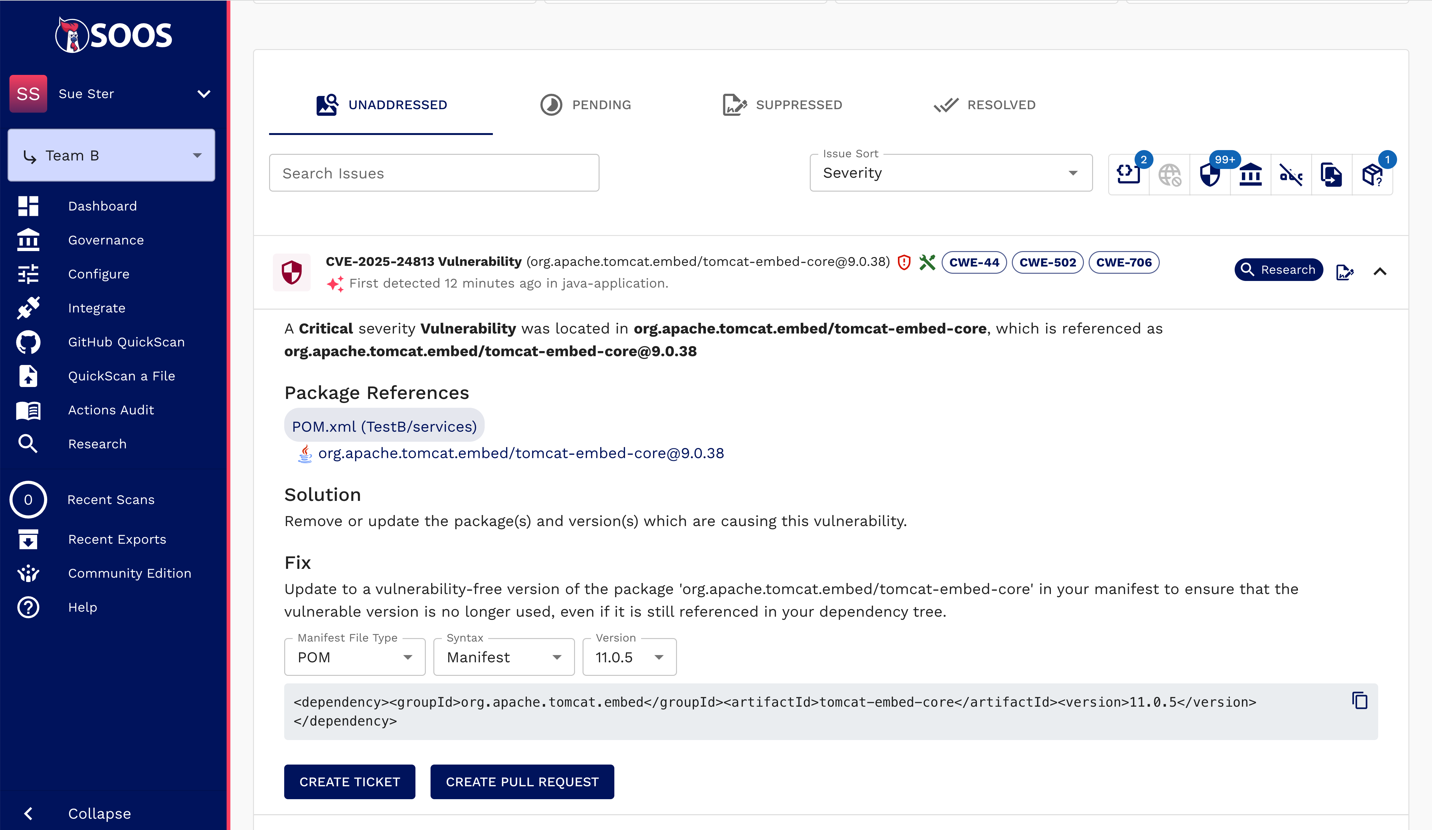 Detail of an issue outlining a Tomcat vulnerability, showing that the issue has known exploits, and that there are fixes available, with a recommended upgrade path and option to create a ticket or pull request from the SOOS tool.