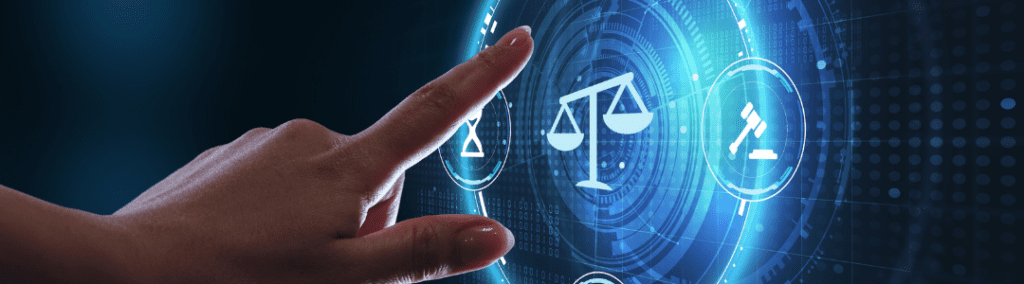 Hand pointing to a futuristic legal scale screen image