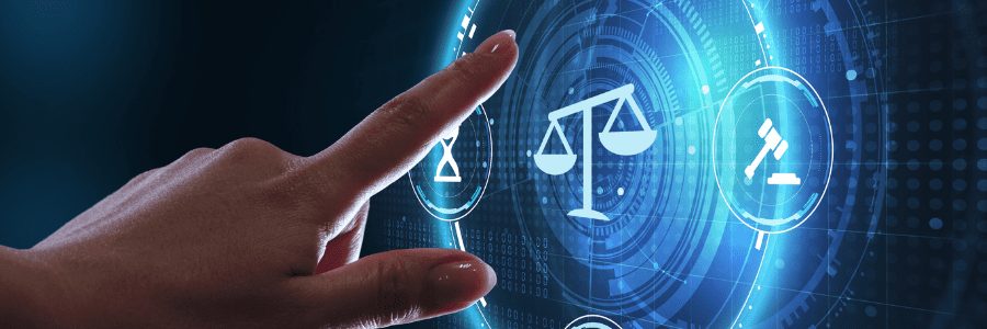 Hand pointing to a futuristic legal scale screen image