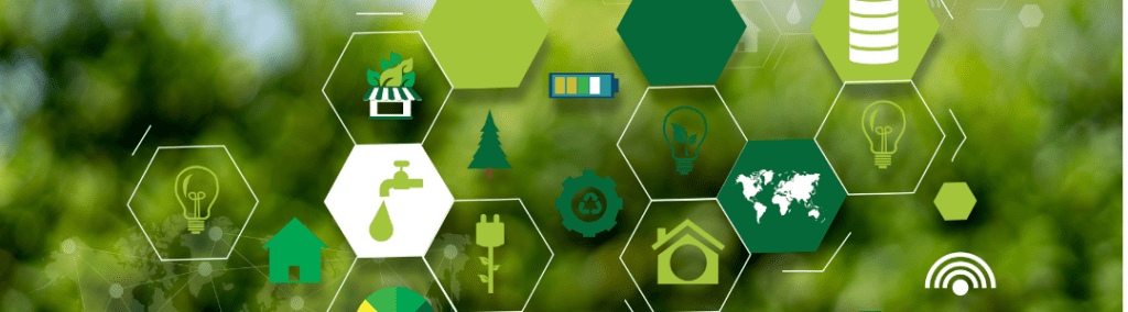 Agriculture icons in hexagons floating on a green grass background