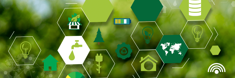 Agriculture icons in hexagons floating on a green grass background