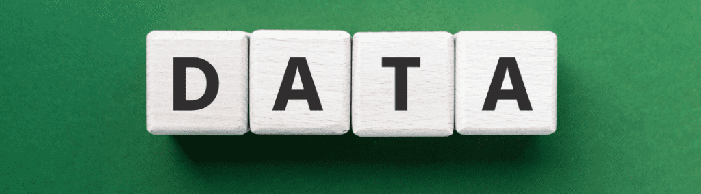 Green background with white blocks that spell data