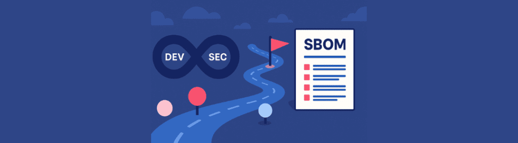 A drawn road with a flag in the distance and a devsec infinity symbol and SBOM report floating over it