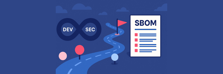 A drawn road with a flag in the distance and a devsec infinity symbol and SBOM report floating over it