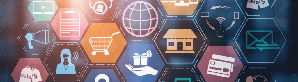 Retail technology icons in a futuristic honeycomb grid