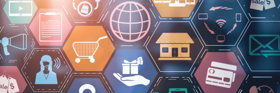 Retail technology icons in a futuristic honeycomb grid