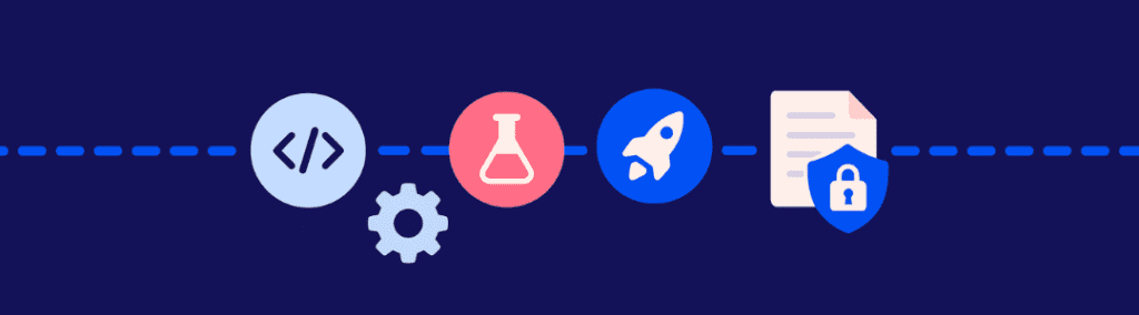 Developer icon, beaker icon, rocket ship icon, and a report icon floating in front of a dashed line on a dark blue background