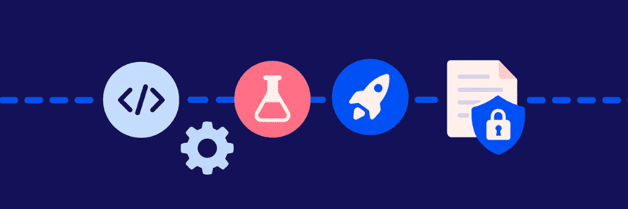 Developer icon, beaker icon, rocket ship icon, and a report icon floating in front of a dashed line on a dark blue background