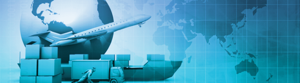 Images of a plane, boxes, ship and a truck in front of earth and a map representing supply chain