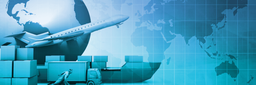 Images of a plane, boxes, ship and a truck in front of earth and a map representing supply chain